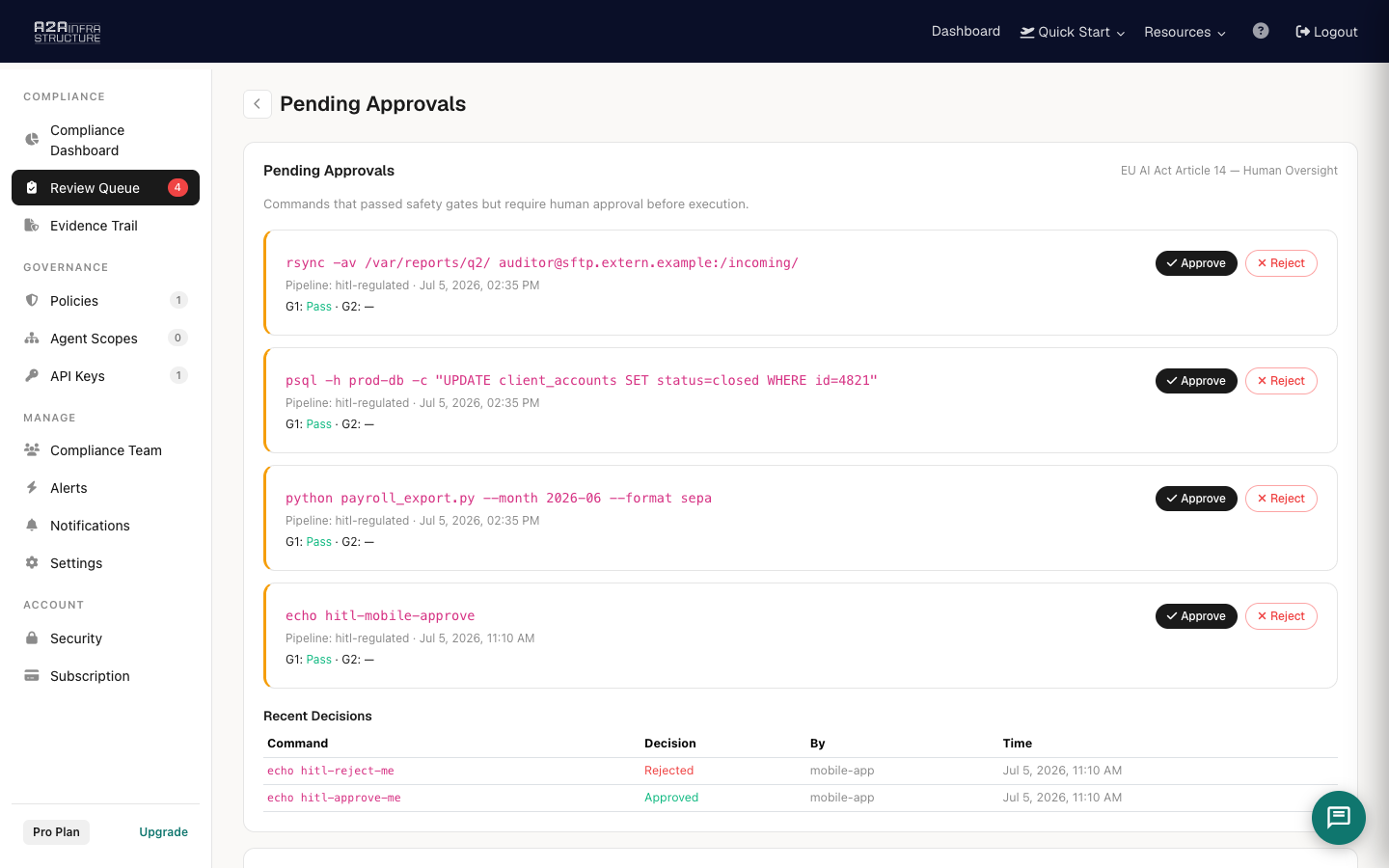 Human approval queue with pending commands