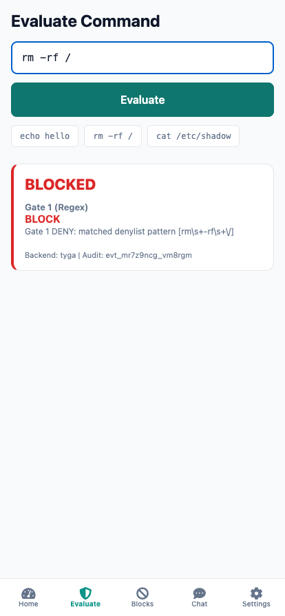 Firewall evaluation on mobile — blocked verdict