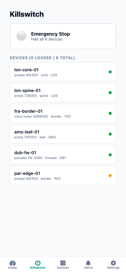 Kill switch on mobile — live device list