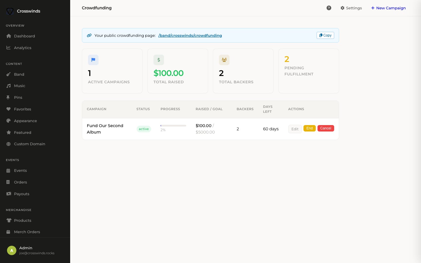 BandSaaS crowdfunding — campaigns with reward tiers, pledge progress and backer management