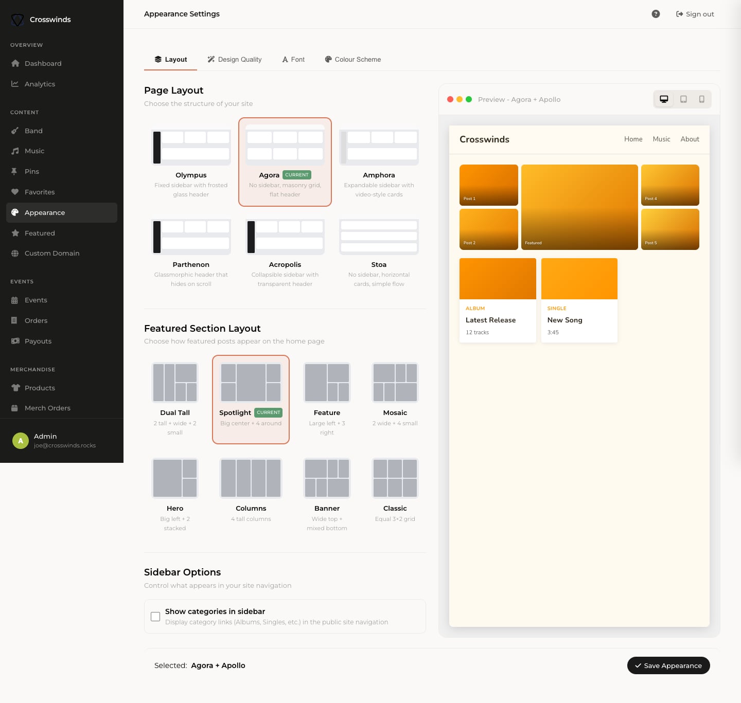 BandSaaS site design — 12 layouts, 22+ themes, drag-drop pinboard grids and AI theme customization with live preview