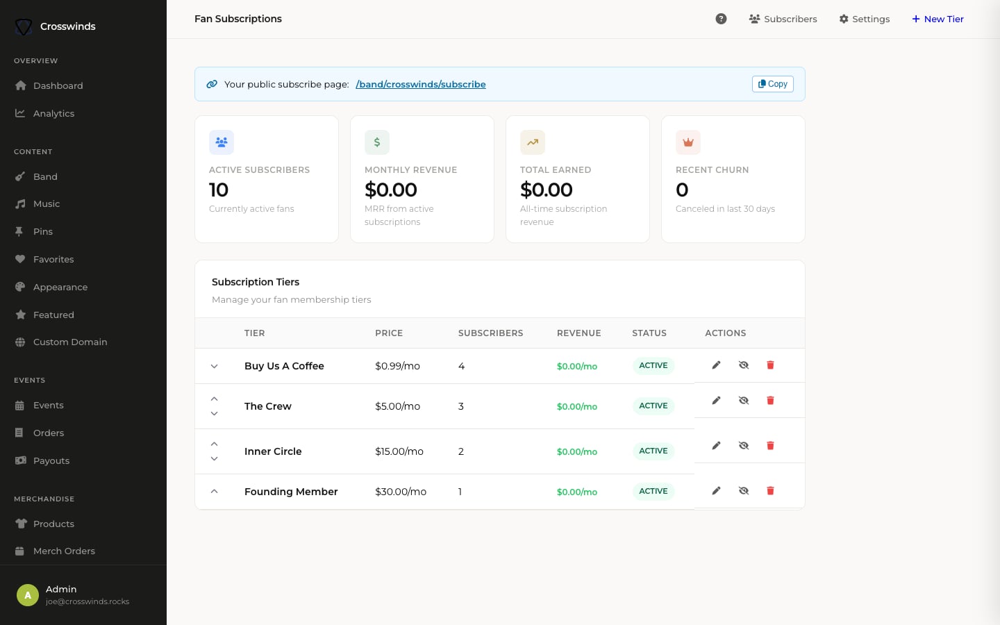 BandSaaS fan subscriptions — paid tiers, backstage content, subscriber list and recurring revenue