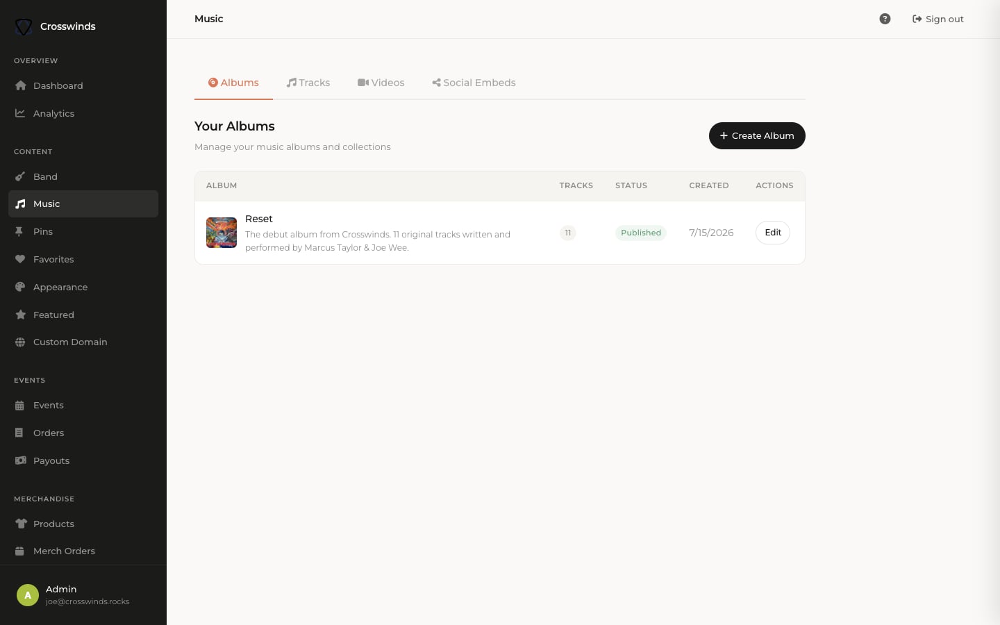 BandSaaS music manager — upload tracks, organize albums, embed YouTube/Spotify, gate premium content for subscribers
