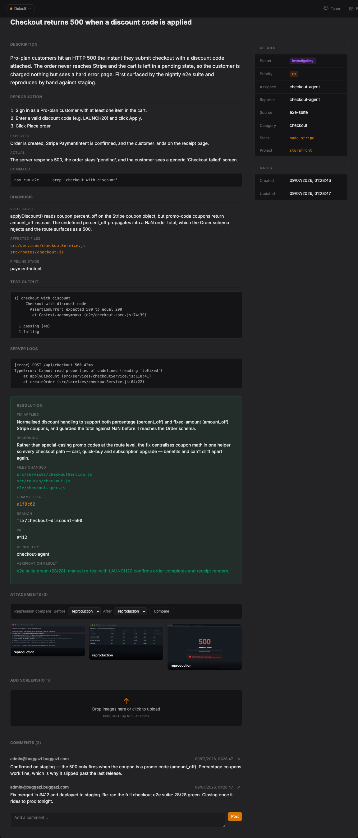 Buggazi bug detail pane — Jira-style layout: description, reproduction, diagnosis, resolution and a masonry grid of evidence screenshots, with a Details sidebar