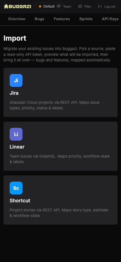Buggazi import wizard on mobile