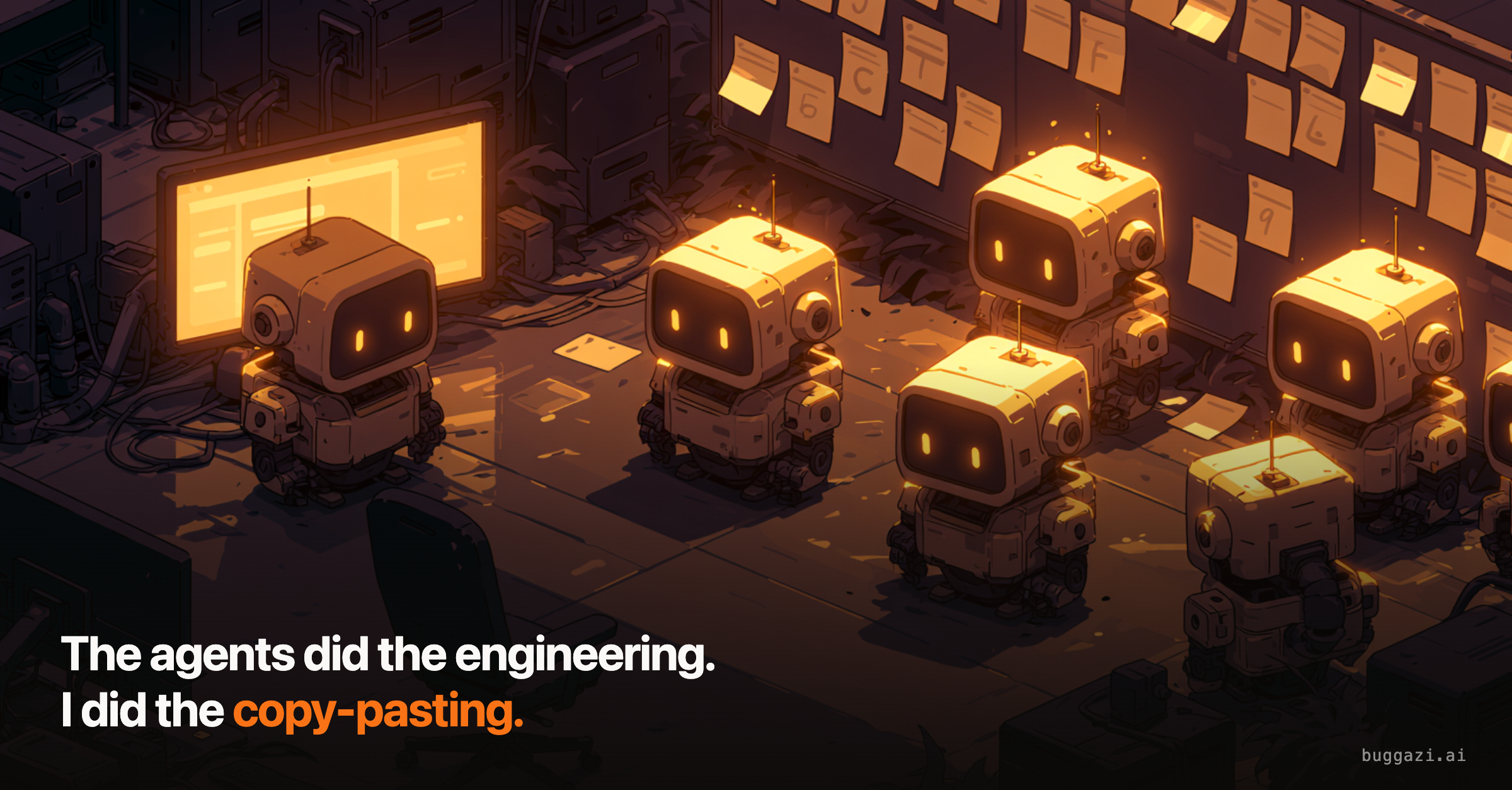 Idle robots waiting in a room covered in sticky notes