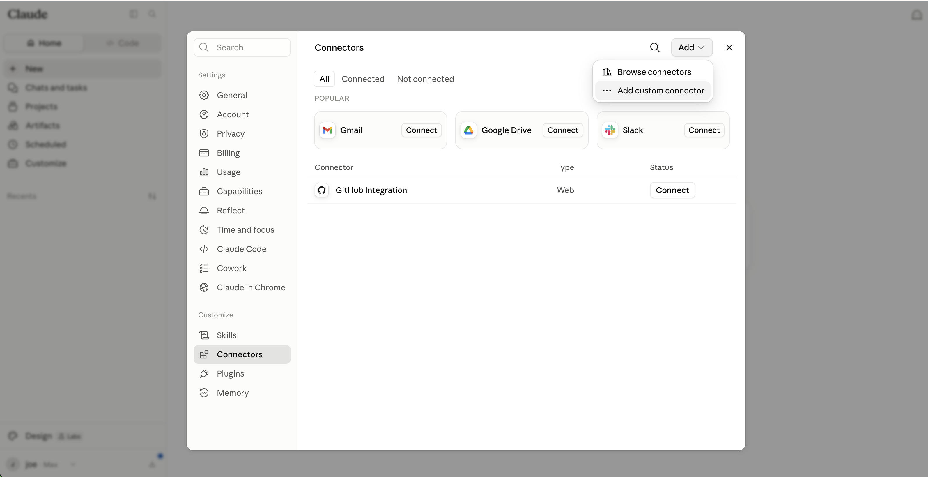 Claude Web Settings, Connectors tab with the Add custom connector option