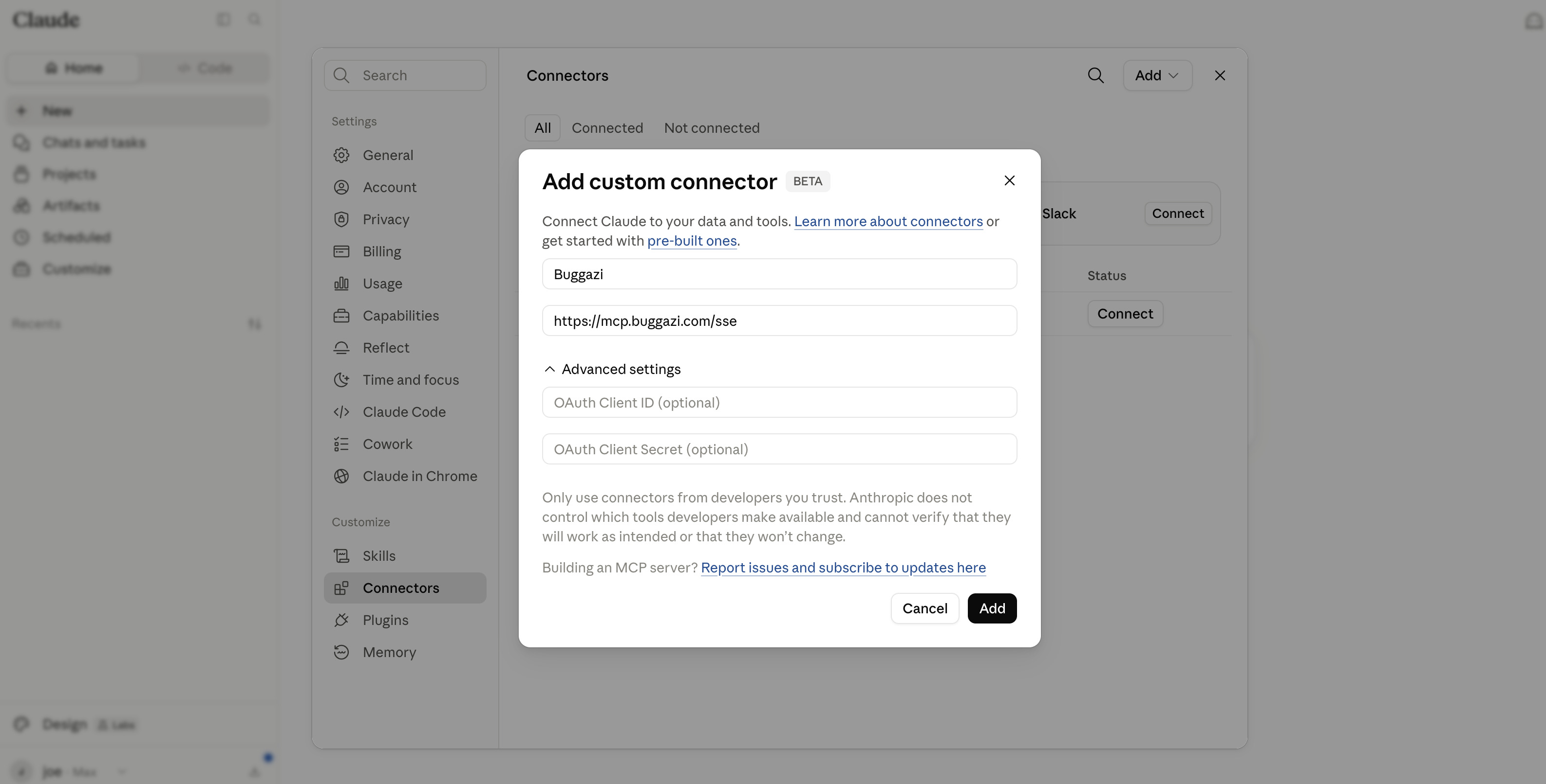 Add custom connector dialog with name Buggazi and the mcp.buggazi.com SSE URL