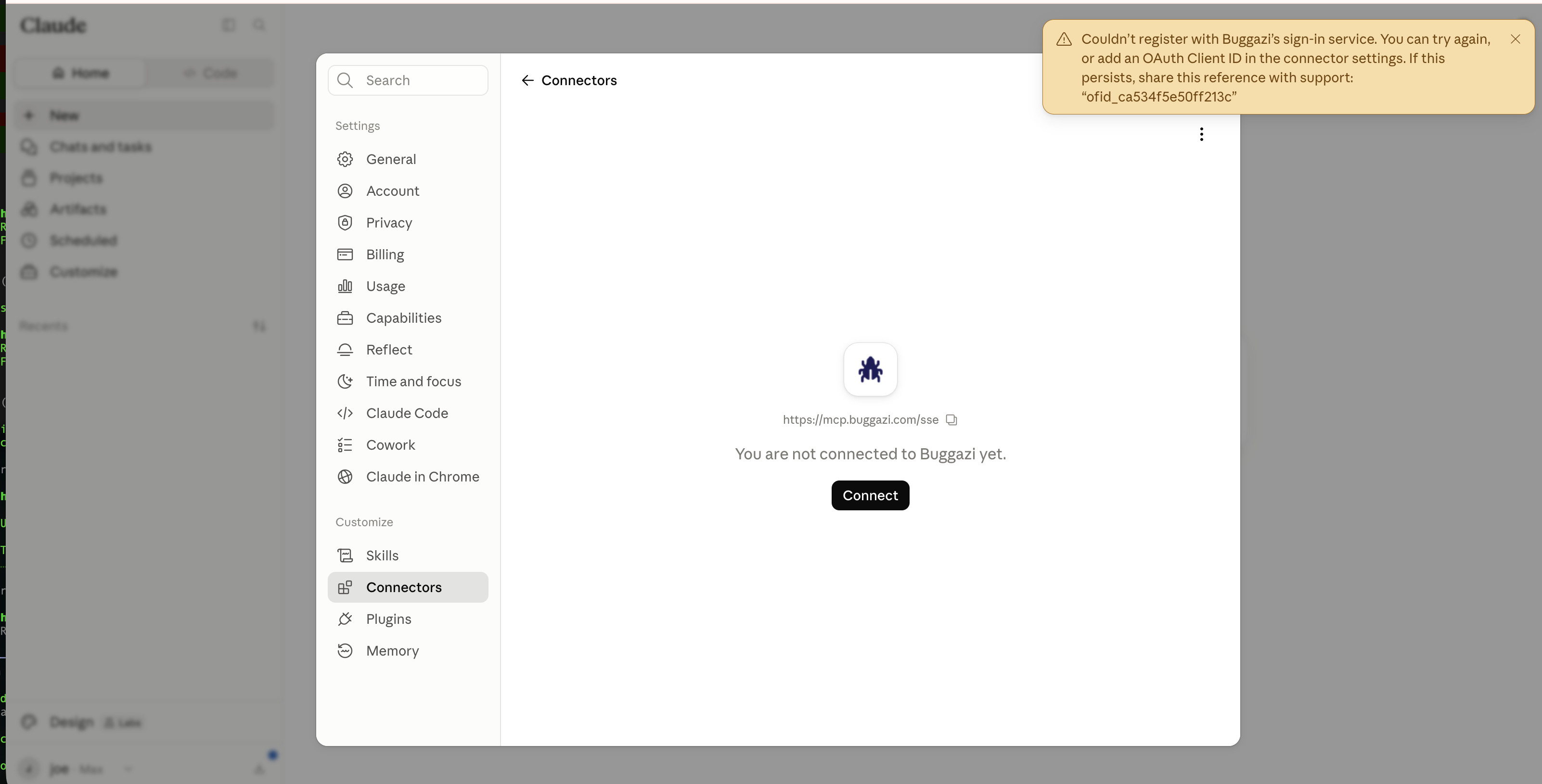 Claude Web error banner: couldn't register with Buggazi's sign-in service