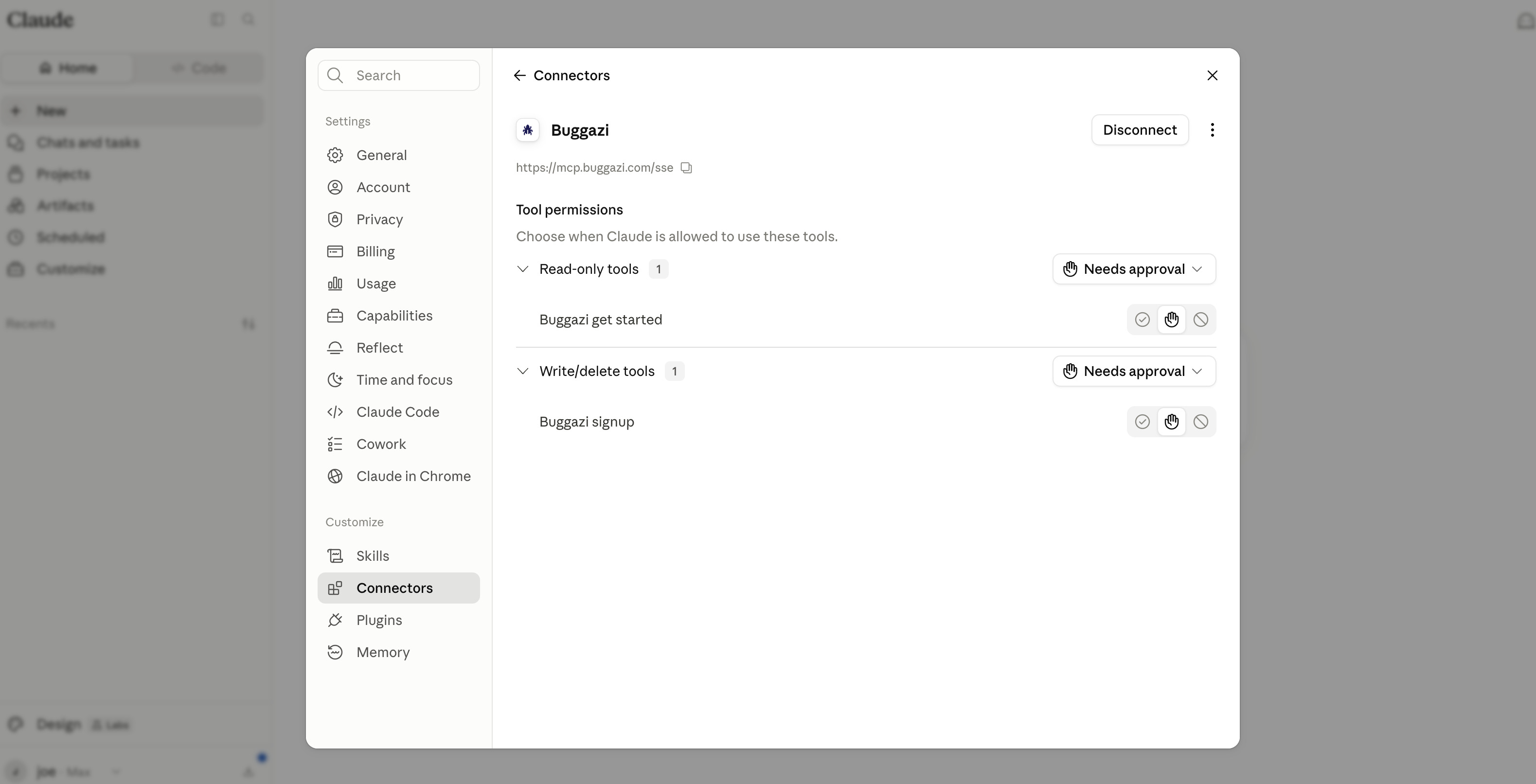 Connector tool permissions showing Buggazi get started and Buggazi signup