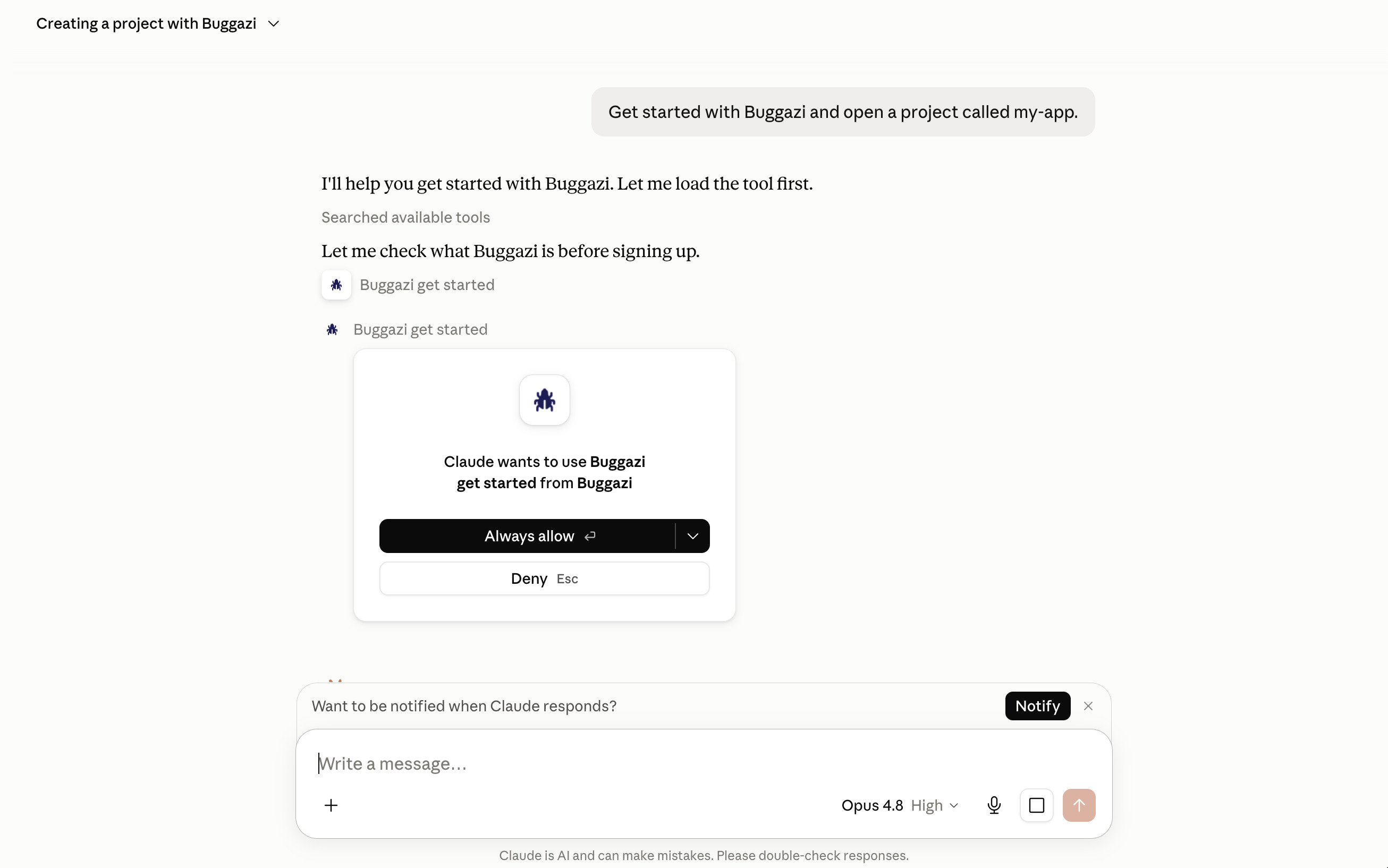 Approval prompt for the read-only Buggazi get started tool
