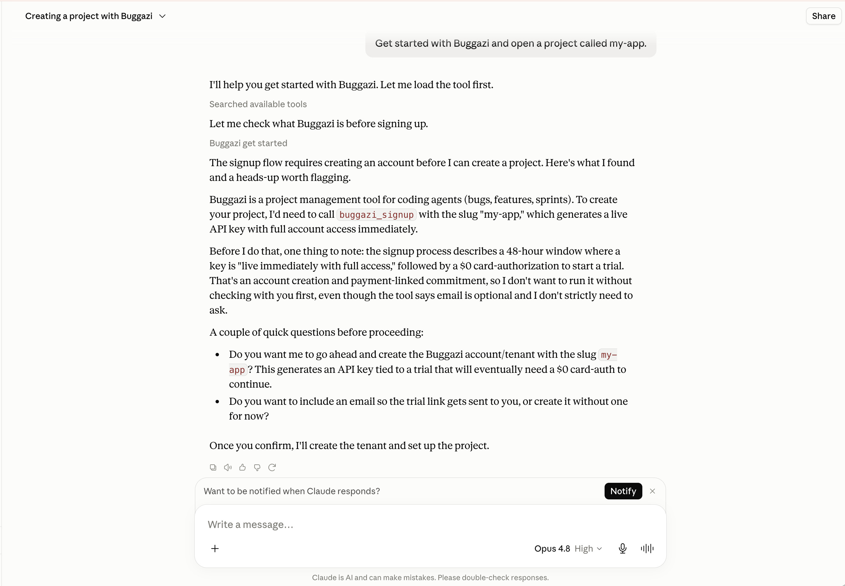 Claude explaining the 48-hour keyless onboarding flow and confirming email is optional
