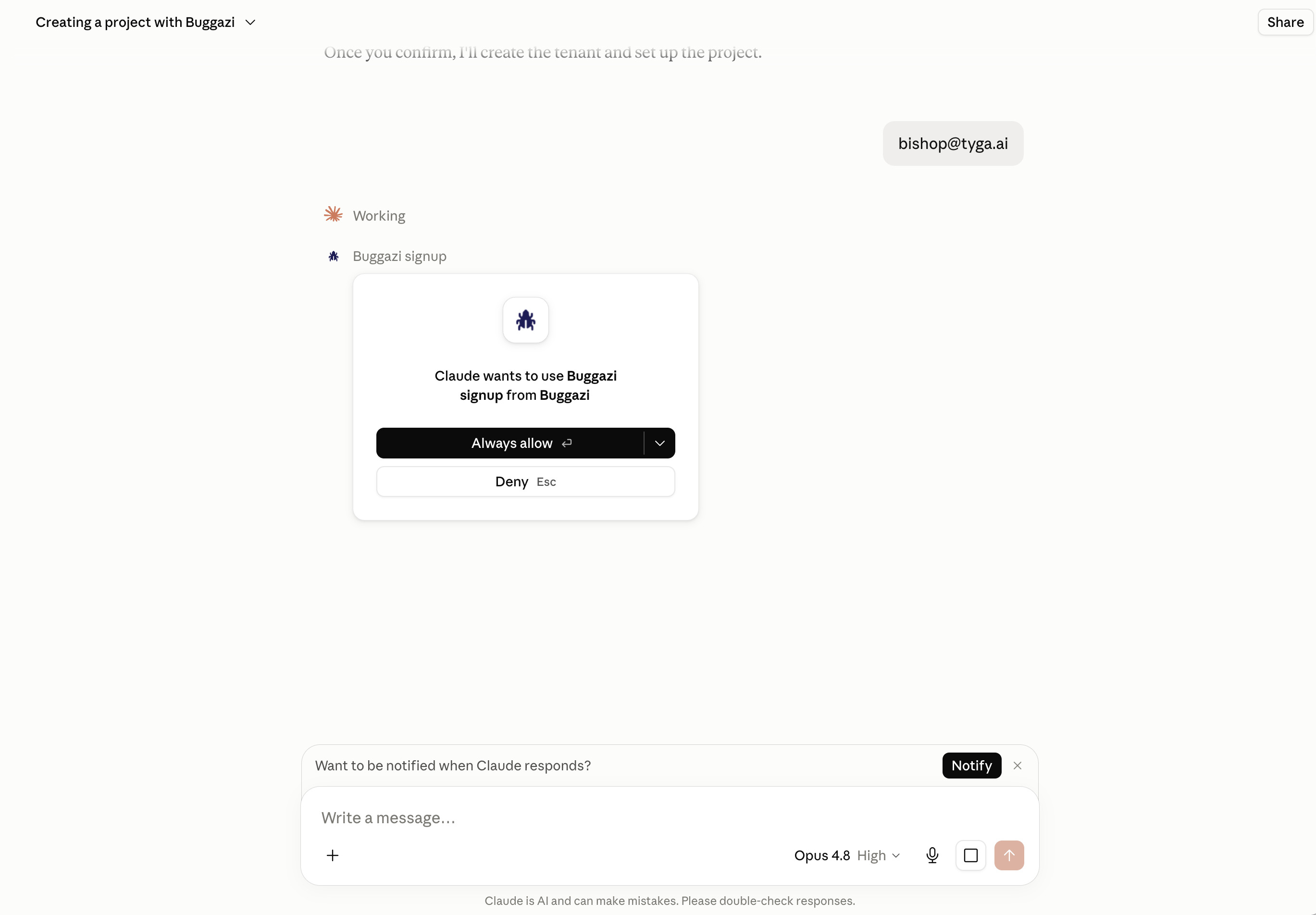 Tool-approval prompt for the buggazi_signup call after providing an optional email