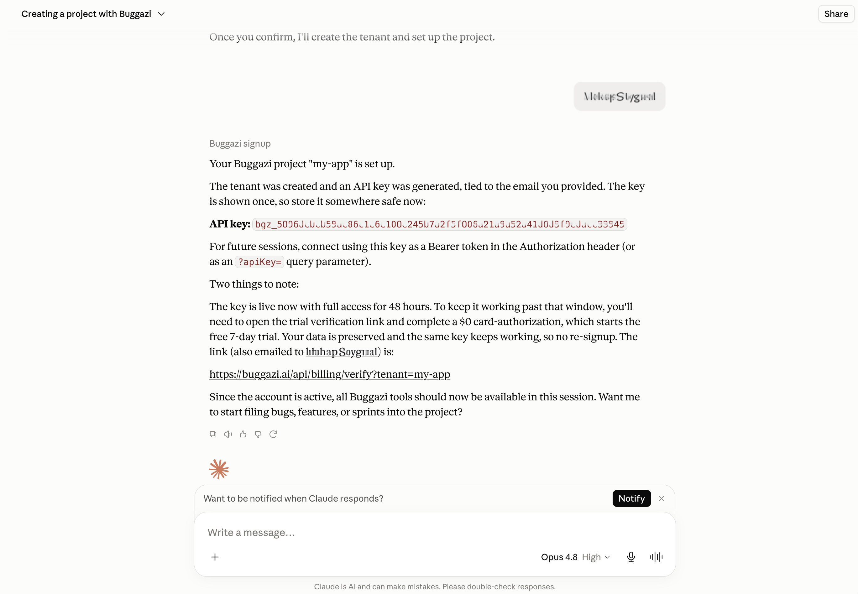 Tool-result card showing the created project and one-time Buggazi API key