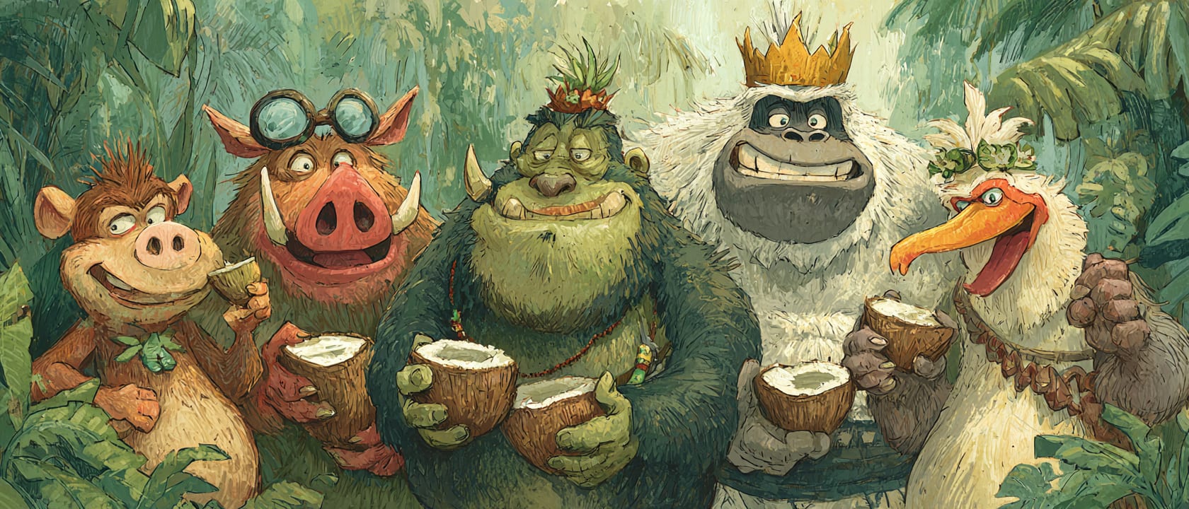 The six jungle bosses lined up, each holding a coconut