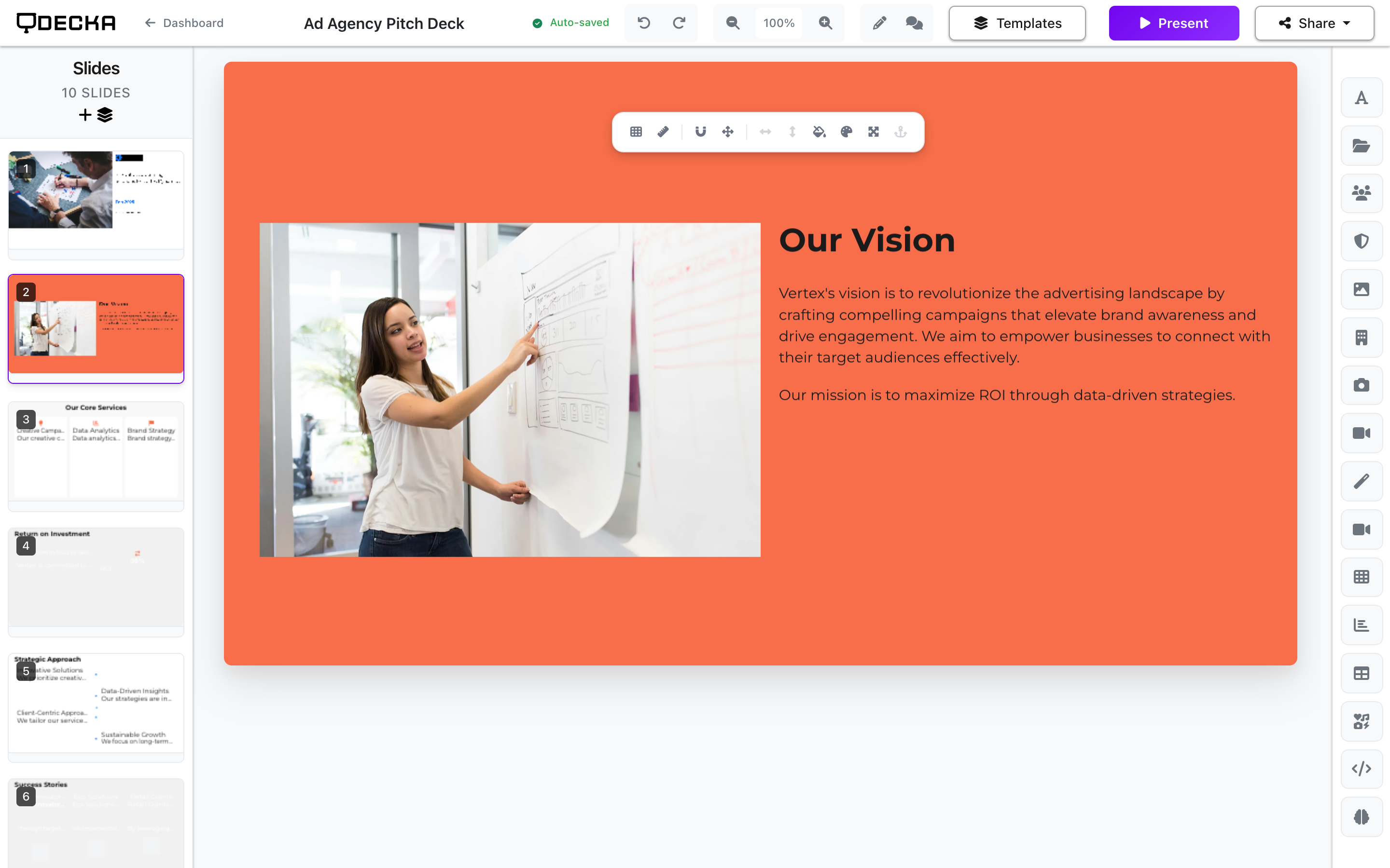 Decka.ai Editor - Full drag-and-drop presentation editor with slide navigator, canvas, and 16 sidebar tools