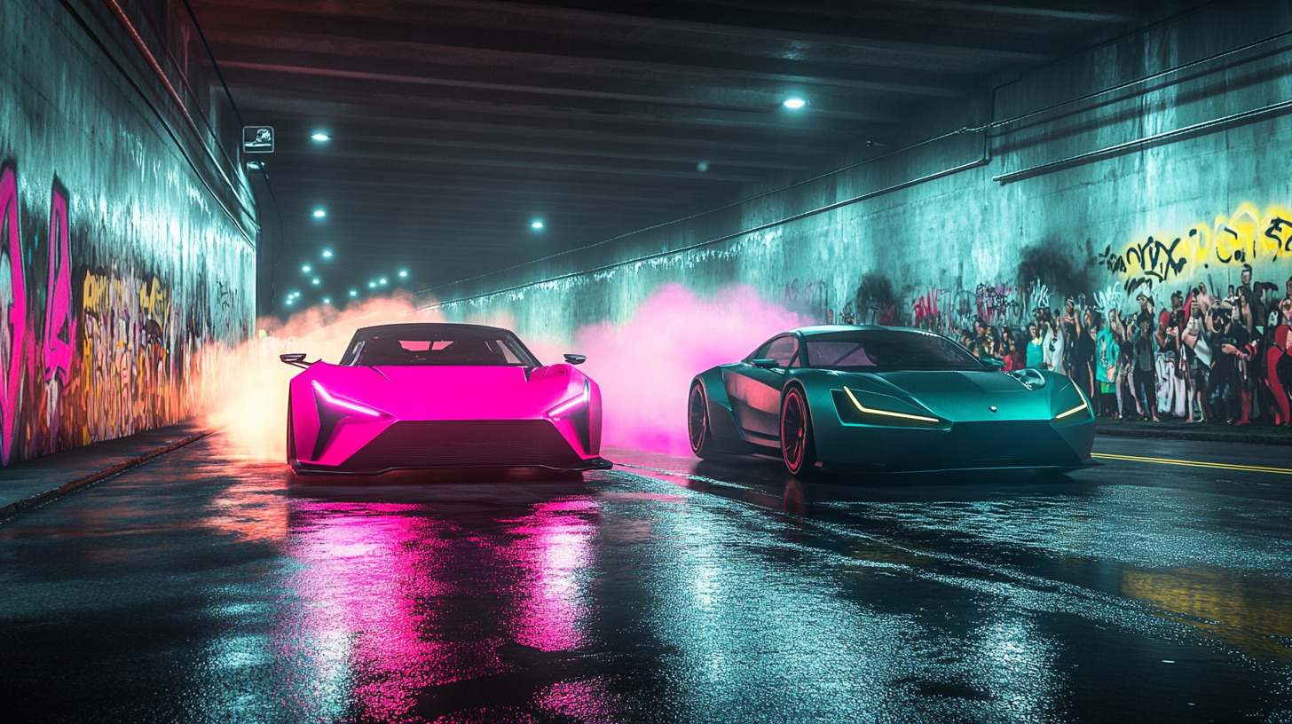 A neon-lit sports car drifting through a rain-soaked city at night