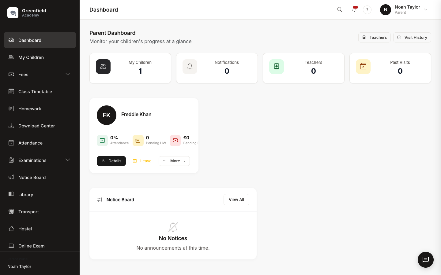 Parent portal dashboard