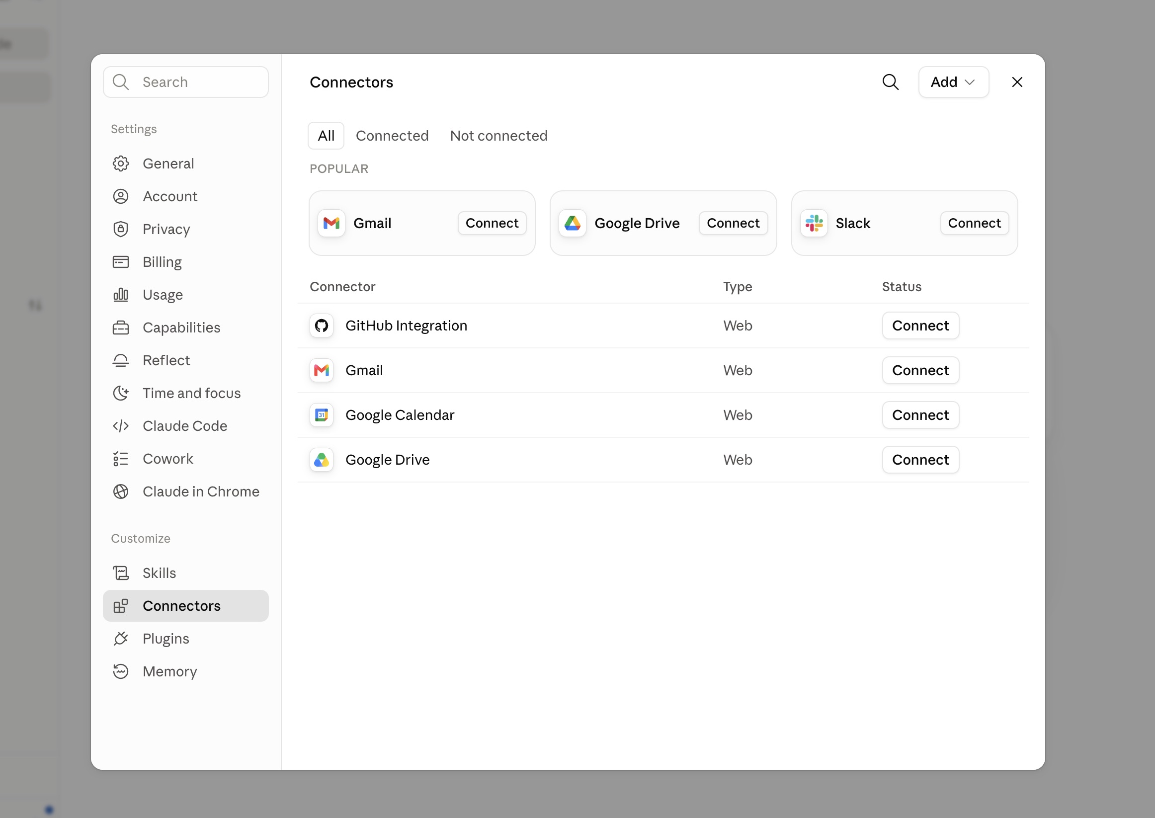 claude.ai Settings > Connectors screen with the Add button