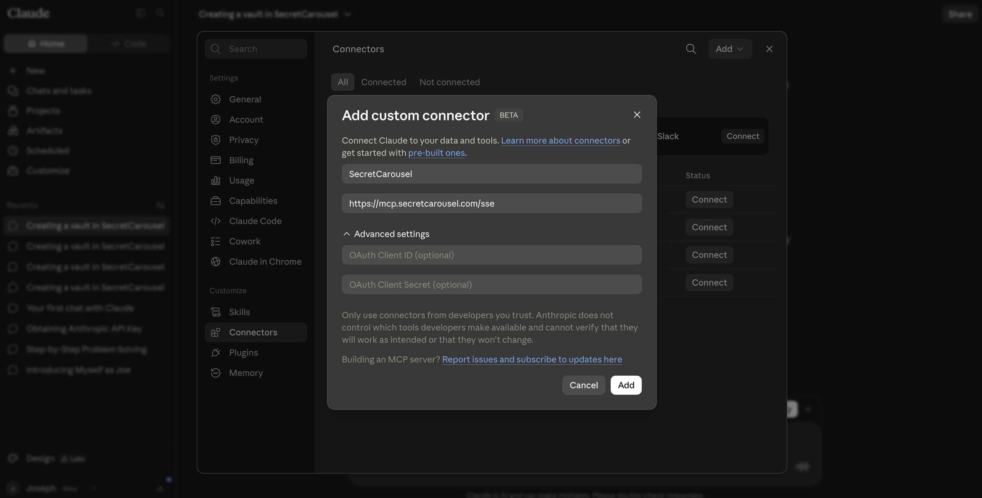 Add custom connector dialog with name and remote MCP server URL fields