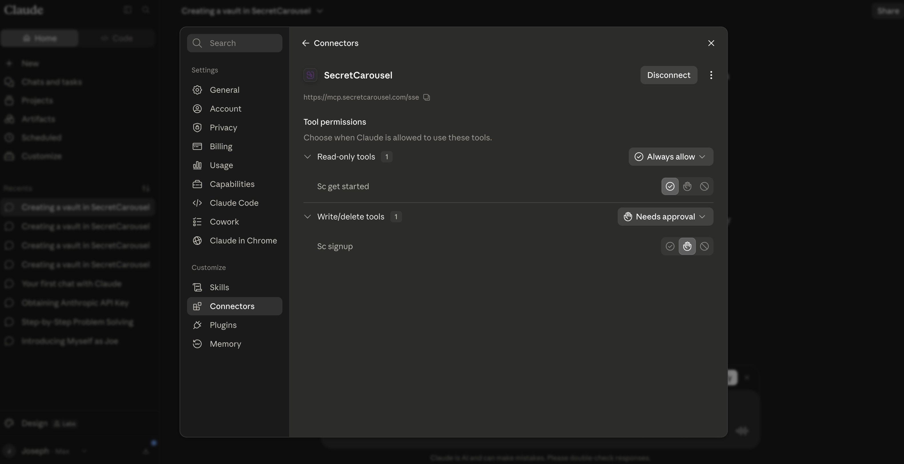 SecretCarousel connector tool permissions showing sc_get_started and sc_signup
