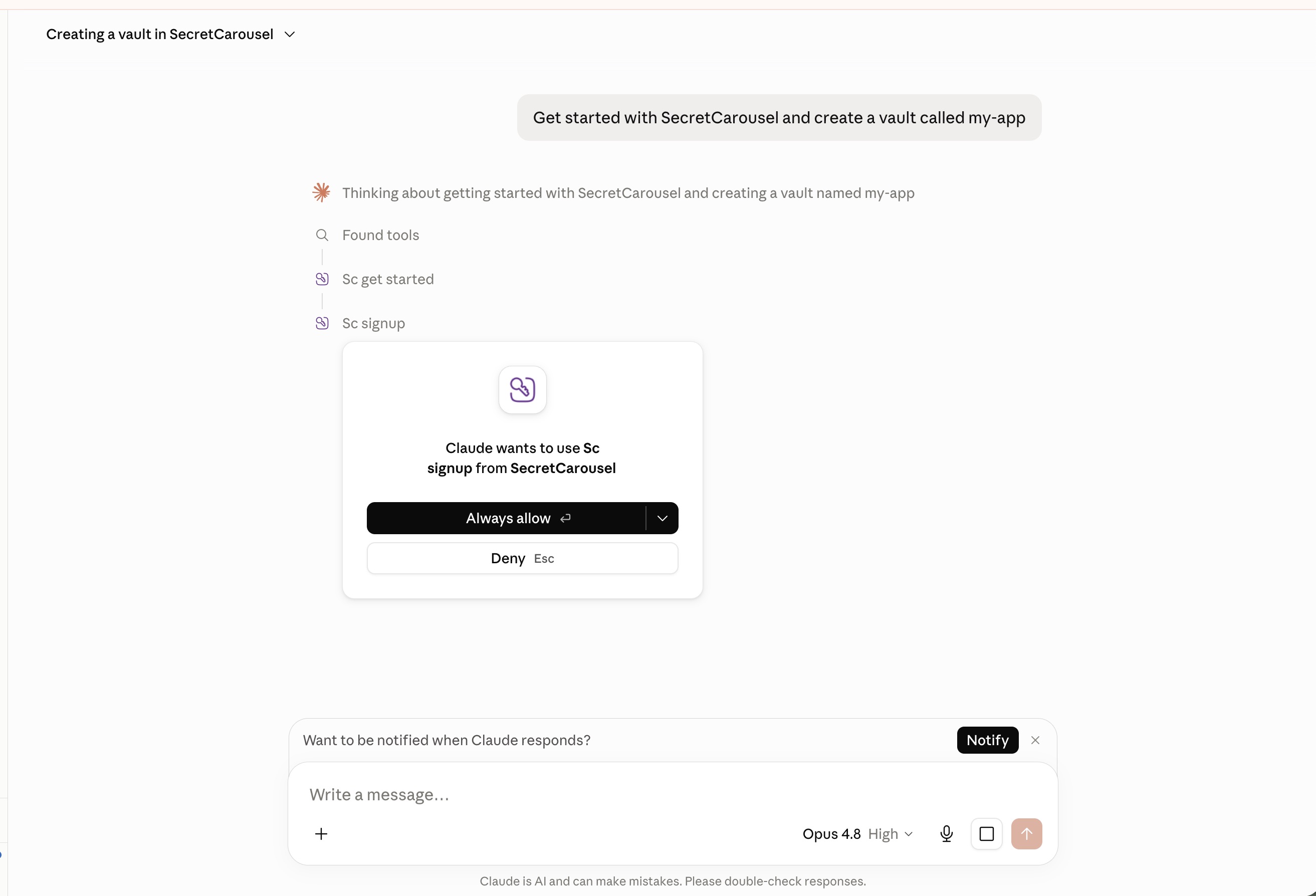claude.ai asking for approval to run the Sc signup tool