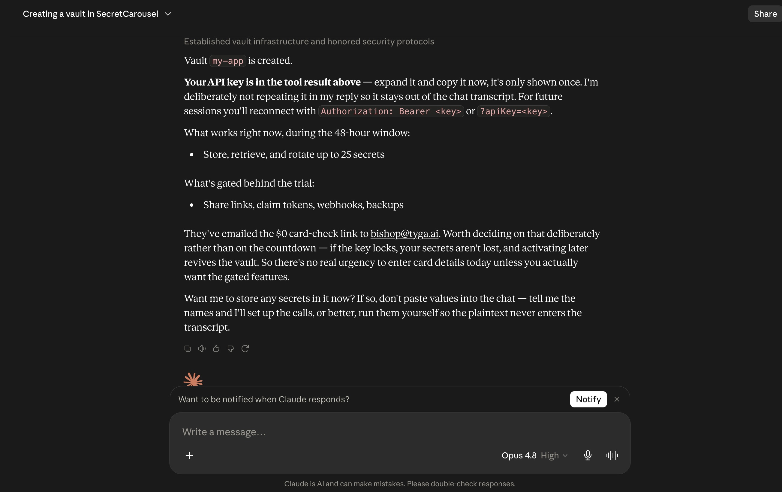 Claude confirming the vault was created with a one-time API key