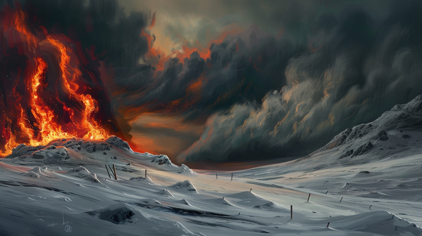 Walls of fire tearing through a storm over a frozen, snow-buried wasteland